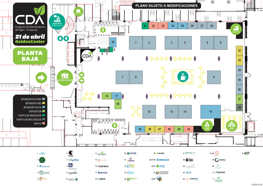 Plano de referencia CDA 2026: auditorio, acreditación y distribución de stands. Abrir PDF para ampliar.